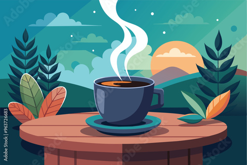 A steaming cup of coffee on a wooden table surrounded by vibrant leaves and mountains at sunrise, conveying warmth and tranquility in nature