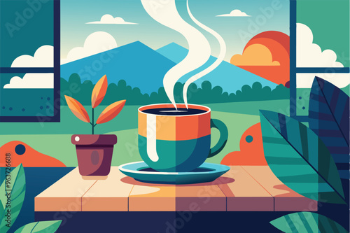 A steaming cup of coffee on a wooden table surrounded by vibrant leaves and mountains at sunrise, conveying warmth and tranquility in nature