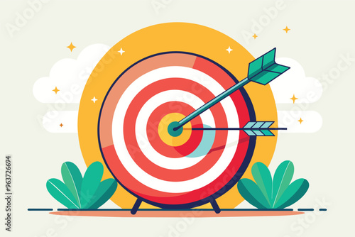 A colorful bullseye target with an arrow striking the center against a bright turquoise background, symbolizing success and achievement in archery or goal-setting activities