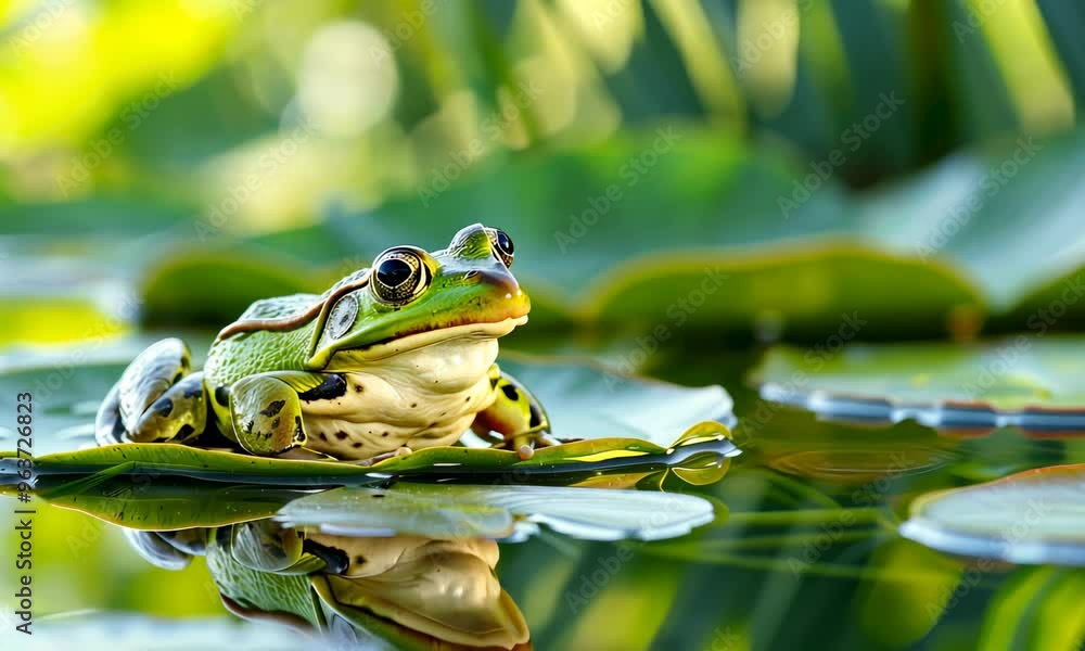 A green frog is resting on a lily pad with clear reflections in the water A green frog is resting on a lily pad with clear reflections in the water