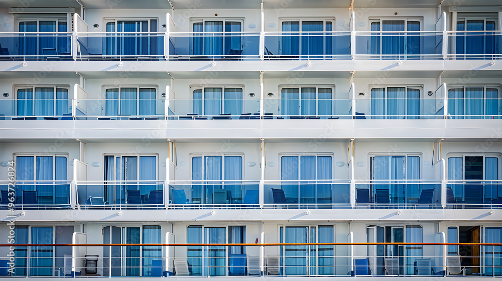 Large cruise ship with rows of balconies stretching across multiple floors, creating a symmetrical pattern. Large cruise ship with rows of balconies stretching across multiple floors, creating a symmetrical pattern.