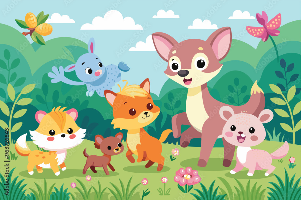 A group of friendly forest animals enjoys a sunny day in a vibrant green meadow surrounded by trees, flowers, and rolling hills A group of friendly forest animals enjoys a sunny day in a vibrant green meadow surrounded by trees, flowers, and rolling hills