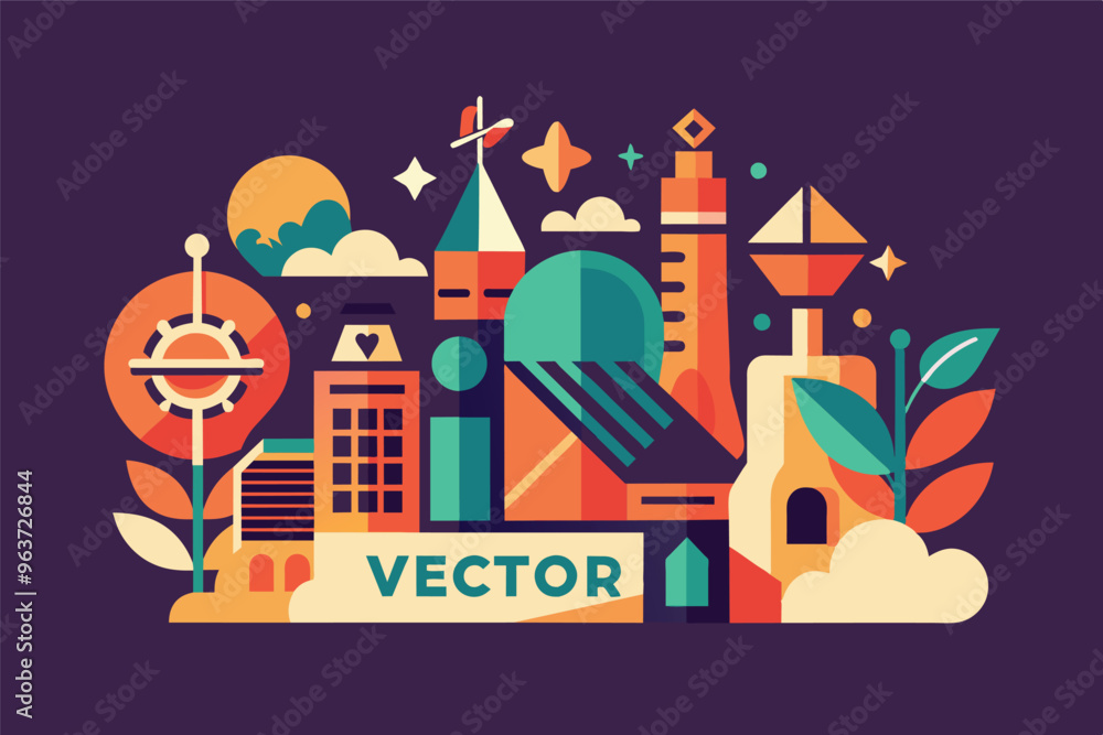 Fototapeta premium Colorful vector illustration representing various elements of design, technology, and creativity, featuring building icons, trees, and abstract shapes