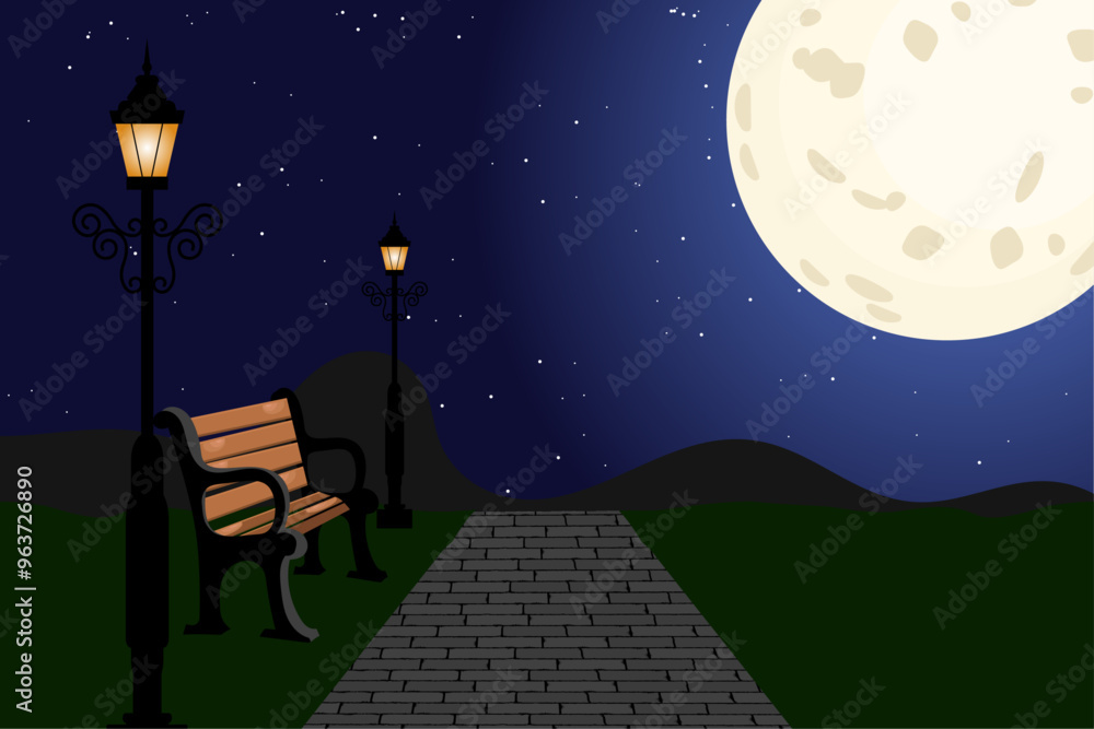Fototapeta premium City park with bench landscape empty public place for walking with moon and Streetlights lamppost