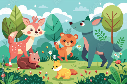 A group of friendly forest animals enjoys a sunny day in a vibrant green meadow surrounded by trees, flowers, and rolling hills