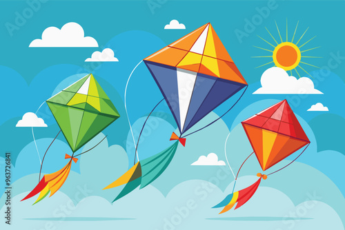 Colorful kites soaring against a bright blue sky filled with fluffy clouds on a sunny day, creating a joyful and vibrant atmosphere for all