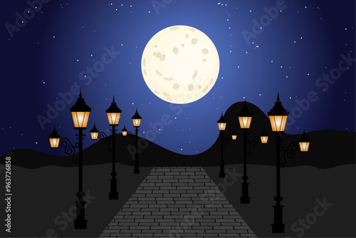 City park with bench landscape empty public place for walking with moon and Streetlights lamppost