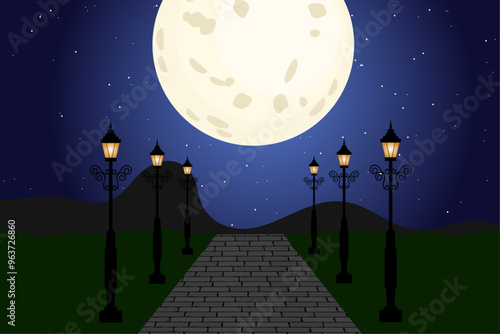 City park with bench landscape empty public place for walking with moon and Streetlights lamppost