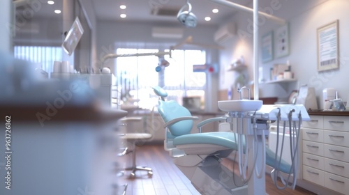 A dentist's chair in a standard room setting, ideal for illustrations about dental care or medical settings