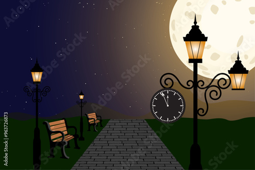 City park with bench landscape empty public place for walking with moon and Streetlights lamppost