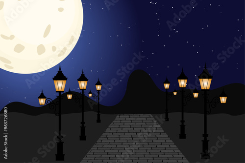 City park with bench landscape empty public place for walking with moon and Streetlights lamppost