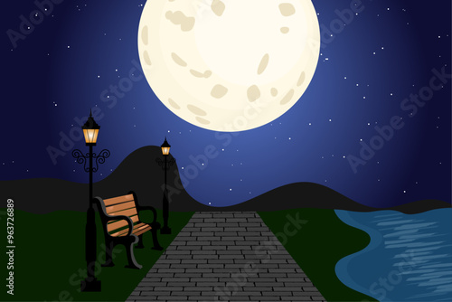 City park with bench landscape empty public place for walking with moon and Streetlights lamppost and lake