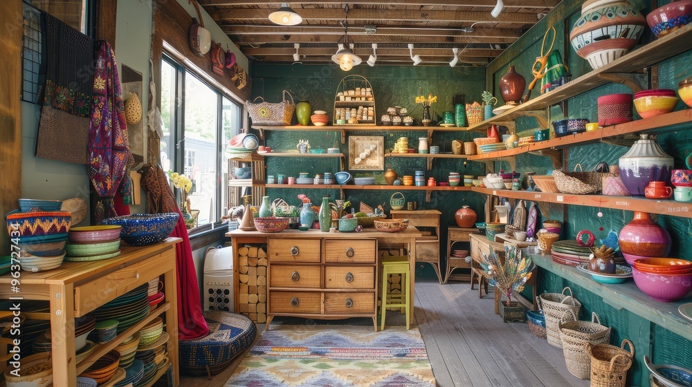Naklejka premium Vibrant Arts and Crafts Shop with Handmade Decorations