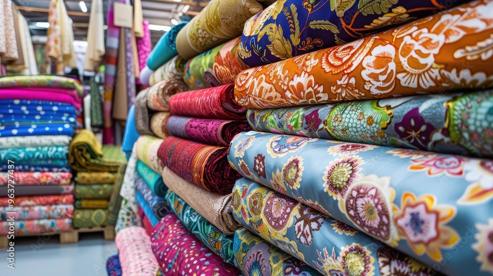Vibrant Rolls of Patterned Fabric in a Store Vibrant Rolls of Patterned Fabric in a Store