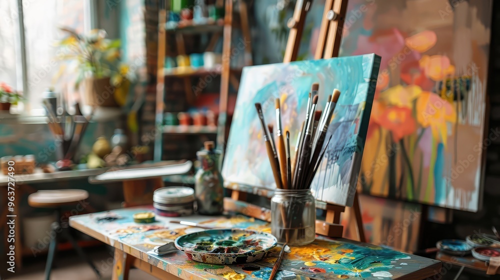 Vibrant Artist's Studio with Paintings and Supplies Vibrant Artist's Studio with Paintings and Supplies