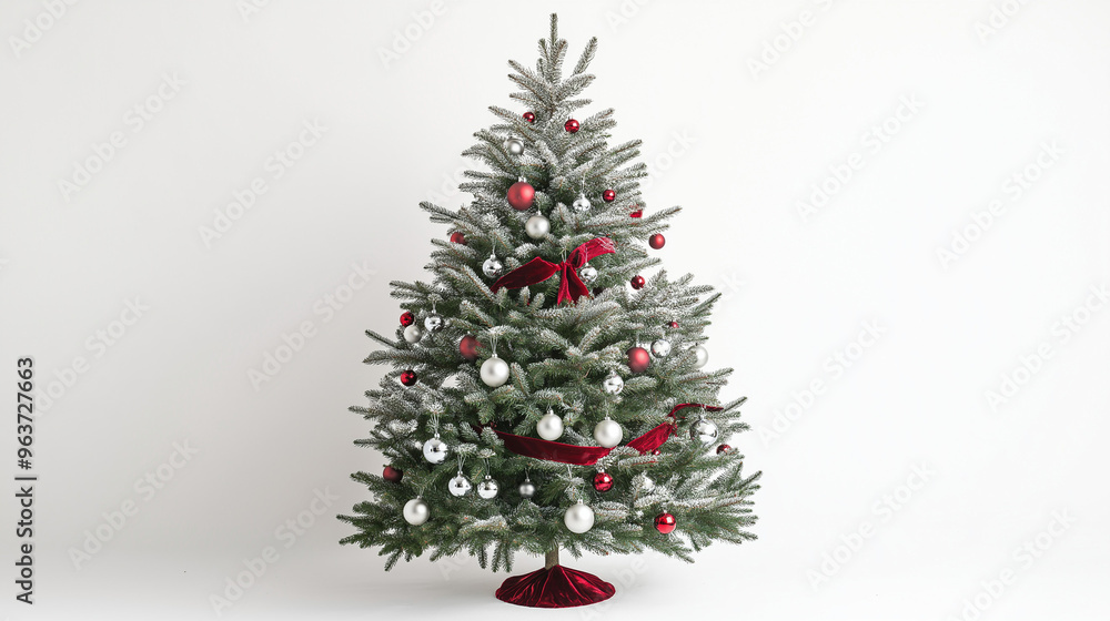a christmas tree with a red velvet ribbon garland and silver ornaments against an isolated white background a christmas tree with a red velvet ribbon garland and silver ornaments against an isolated white background
