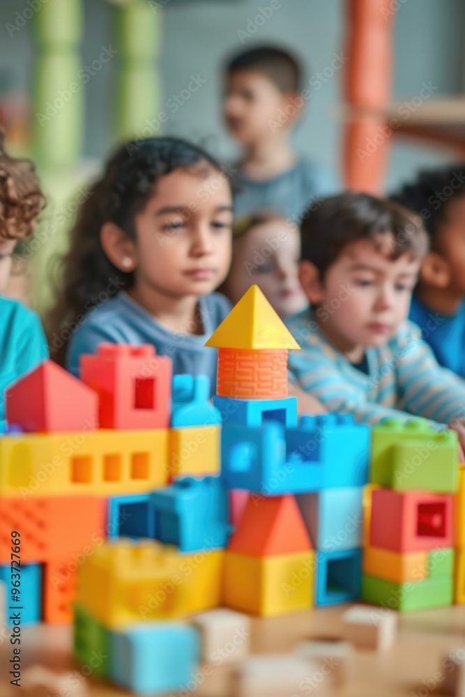 A group of kids constructing with building blocks, promoting creativity and imagination A group of kids constructing with building blocks, promoting creativity and imagination