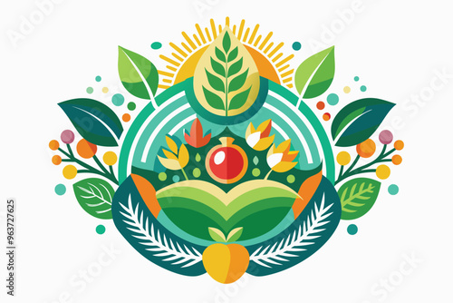 A vibrant illustration of nature depicting a blooming plant, flowing water, and colorful mushrooms within a circular design emphasizing environmental harmony