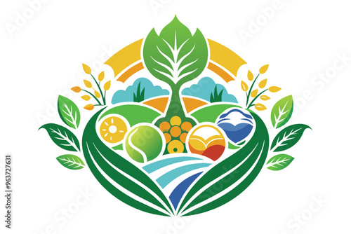 A vibrant illustration of nature depicting a blooming plant, flowing water, and colorful mushrooms within a circular design emphasizing environmental harmony