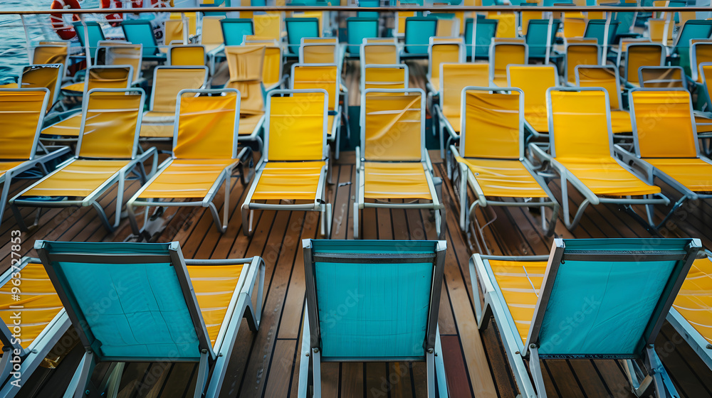 Naklejka premium Rows of empty deck chairs lined up neatly on a cruise ship deck under blue sky.