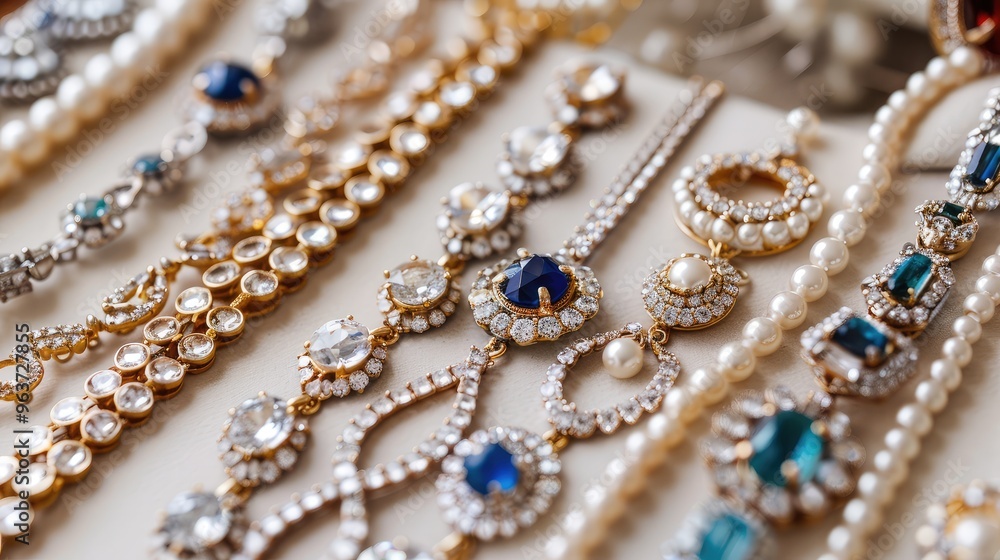 Elegant Jewelry Display Featuring Gemstones and Pearls Elegant Jewelry Display Featuring Gemstones and Pearls