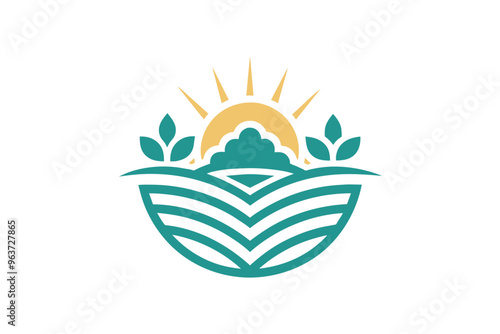 A vibrant emblem featuring stylized wheat and a rising sun against a backdrop of mountains, symbolizing agriculture and nature in harmony