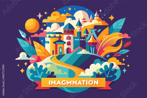 A vibrant, colorful landscape featuring whimsical castles, lush greenery, and a winding path under a bright sun, creating a dreamlike atmosphere