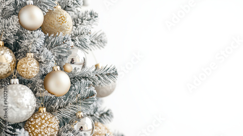 a christmas tree with silver and gold baubles and tinsel against an isolated white background