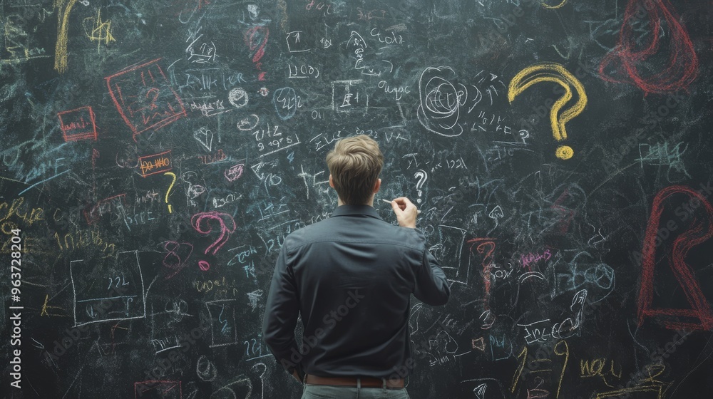 A focused man stands confidently at a large blackboard filled with notes and diagrams, methodically refining his ambitious business plan with fervent enthusiasm and intense concentration A focused man stands confidently at a large blackboard filled with notes and diagrams, methodically refining his ambitious business plan with fervent enthusiasm and intense concentration