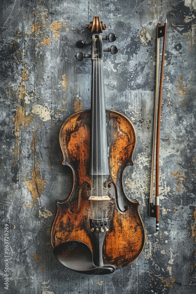 Naklejka premium A violin and its accompanying stick leaning against a wall, ready for use