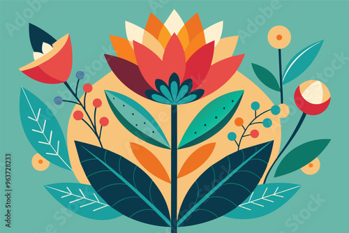 Colorful illustrated flower arrangement with various shapes and shades set against a vibrant teal background, conveying a cheerful and artistic atmosphere