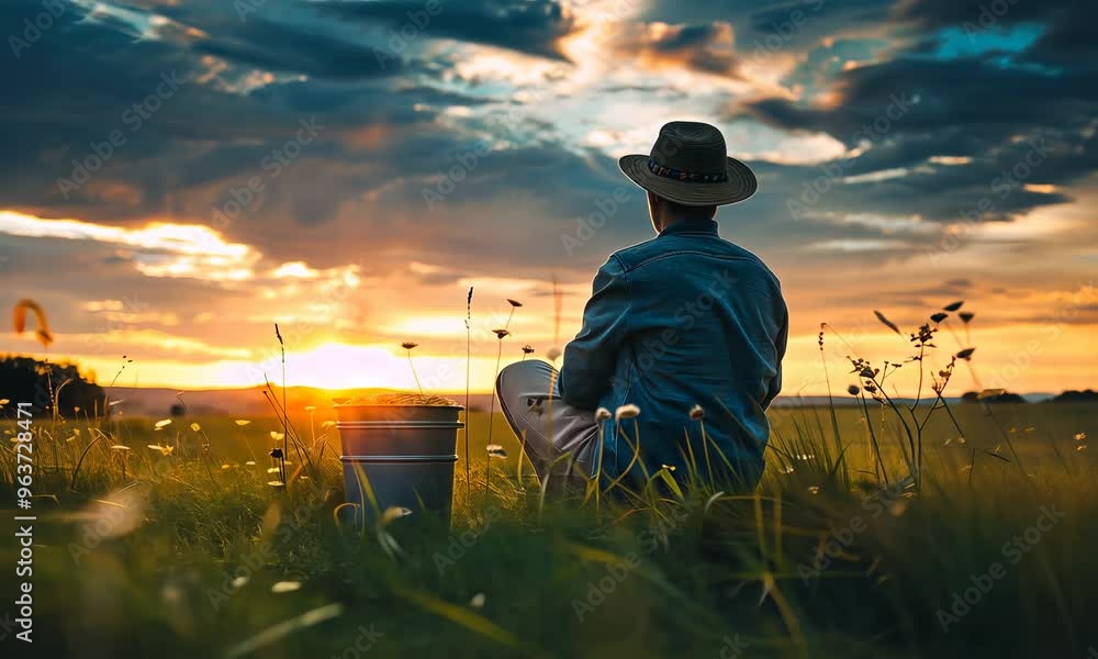 Person in a hat sitting field at sunset Person in a hat sitting field at sunset