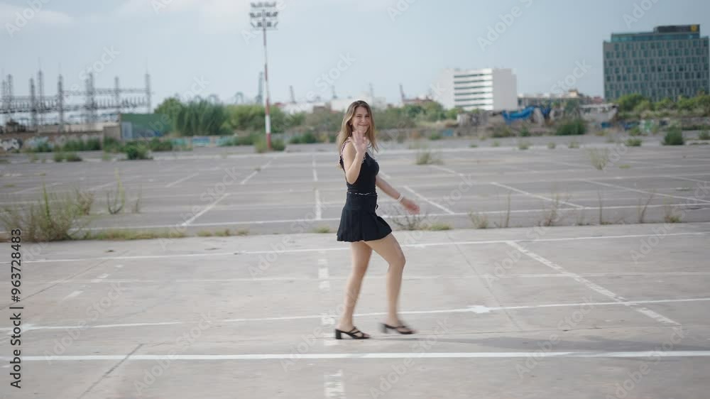 Young Caucasian female in short black dress walking in profile waving to camera and touching her hair in an industrial area on the outskirts near the port Young Caucasian female in short black dress walking in profile waving to camera and touching her hair in an industrial area on the outskirts near the port