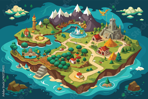 A colorful fantasy map of an enchanted island featuring mountains, rivers, and various thriving villages designed for adventure seekers and explorers