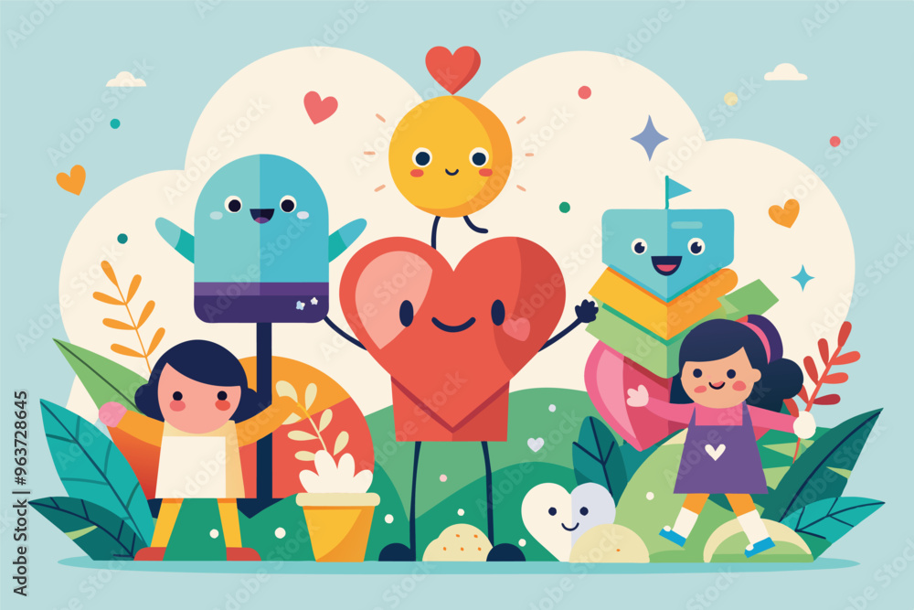 Colorful illustration of children and cheerful characters celebrating love in a whimsical outdoor setting, surrounded by vibrant greenery and playful designs Colorful illustration of children and cheerful characters celebrating love in a whimsical outdoor setting, surrounded by vibrant greenery and playful designs