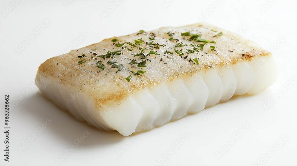 a fillet of cod with a pearly white flesh and a sprinkle of herbs against an isolated white background a fillet of cod with a pearly white flesh and a sprinkle of herbs against an isolated white background