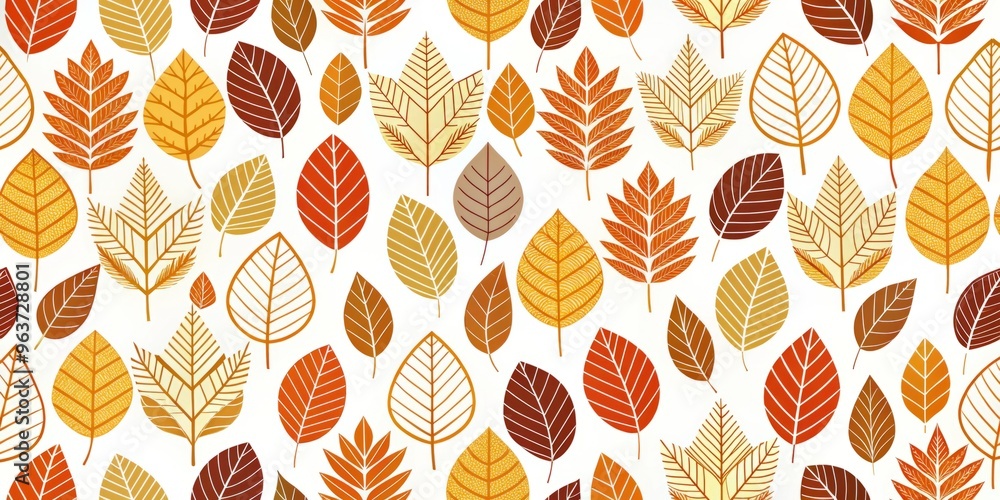 A modern and minimalist design featuring a repeating pattern of autumn leaves in warm tones, with bold lines, sharp shapes, and ample negative space, on a clean and crisp white background. A modern and minimalist design featuring a repeating pattern of autumn leaves in warm tones, with bold lines, sharp shapes, and ample negative space, on a clean and crisp white background.