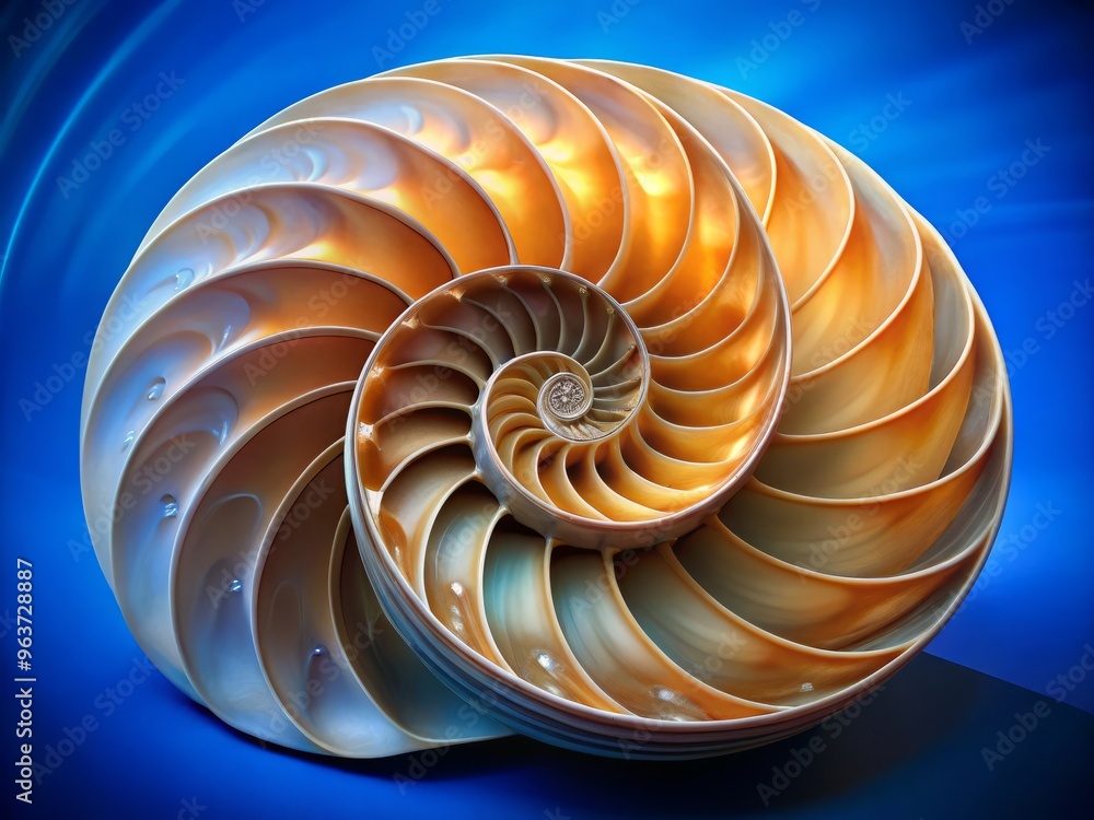 A close-up of a nautilus shell, showcasing its intricate chambered spiral pattern, set against a soft, gradient blue background that resembles the ocean's depths. A close-up of a nautilus shell, showcasing its intricate chambered spiral pattern, set against a soft, gradient blue background that resembles the ocean's depths.