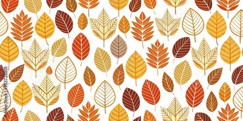 A modern and minimalist design featuring a repeating pattern of autumn leaves in warm tones, with bold lines, sharp shapes, and ample negative space, on a clean and crisp white background. photo