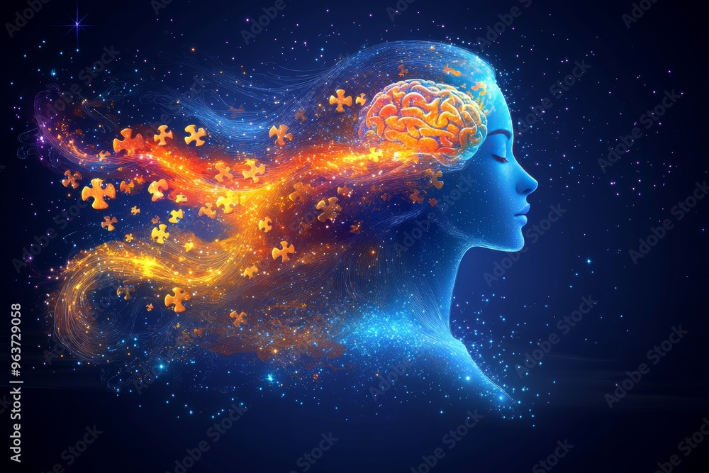 Neural efficiency Synaptic network Blue and orange abstract cosmic woman with flowing hair symbolizing the power of imagination and creative thought in the universe Neural efficiency Synaptic network Blue and orange abstract cosmic woman with flowing hair symbolizing the power of imagination and creative thought in the universe