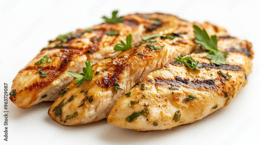a grilled chicken breast seasoned with herbs against an isolated white background a grilled chicken breast seasoned with herbs against an isolated white background