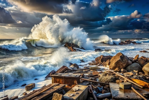 stormy sea with waves crashing against a rocky shore, surrounded by debris and wreckage to portray natural chaos and destruction photo