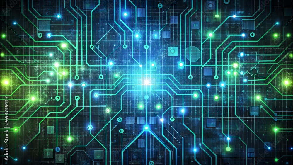 A futuristic digital pattern showcasing stylized binary code and circuitry, rendered in bright green and blue hues, on a dark gray background with subtle texture and noise. A futuristic digital pattern showcasing stylized binary code and circuitry, rendered in bright green and blue hues, on a dark gray background with subtle texture and noise.