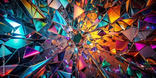 fractured mirror shards reflecting a kaleidoscope of colors and distorted shapes against a dark background to symbolize shattered perceptions and chaos photo