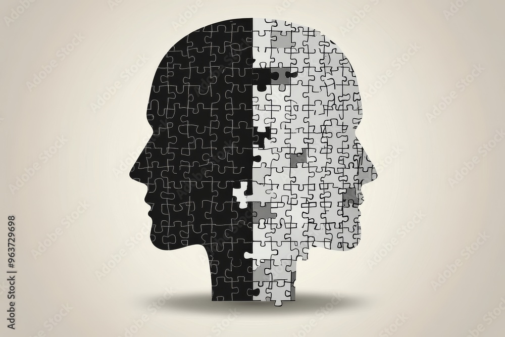 Brain dynamism Synaptic network Black and white silhouette of two human profiles with puzzle patterns symbolizing communication and intellectual connection Brain dynamism Synaptic network Black and white silhouette of two human profiles with puzzle patterns symbolizing communication and intellectual connection