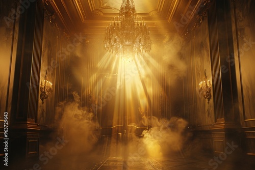 A room with a chandelier and smoke filling the air photo