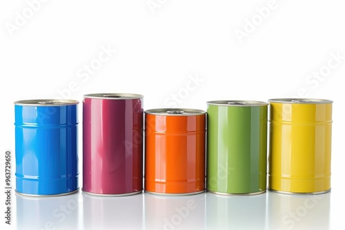 Row of colorful cans sitting next to each other