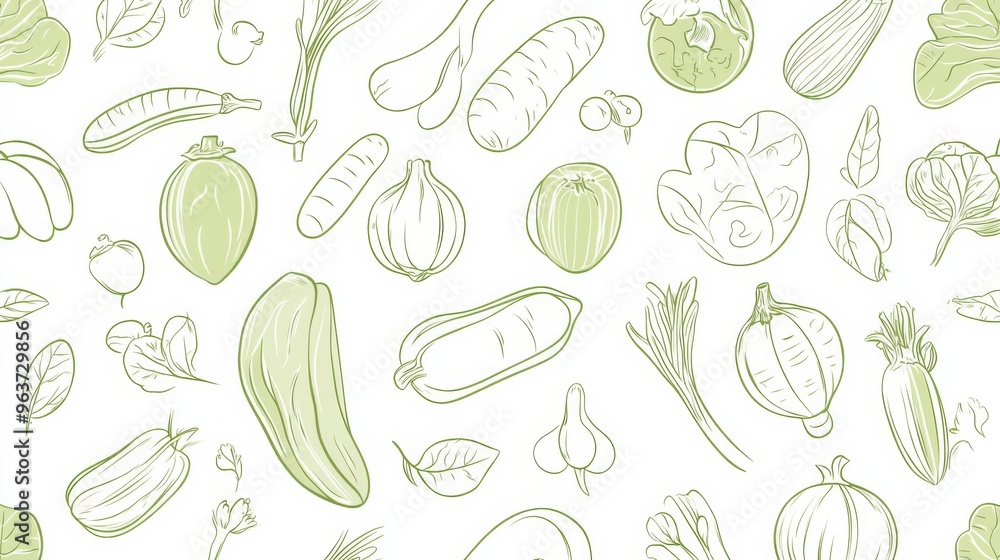 Symmetrical Seamless Pattern of Simple Line Vector Graphics Featuring Vegetables in Pastel Green on White Background Symmetrical Seamless Pattern of Simple Line Vector Graphics Featuring Vegetables in Pastel Green on White Background