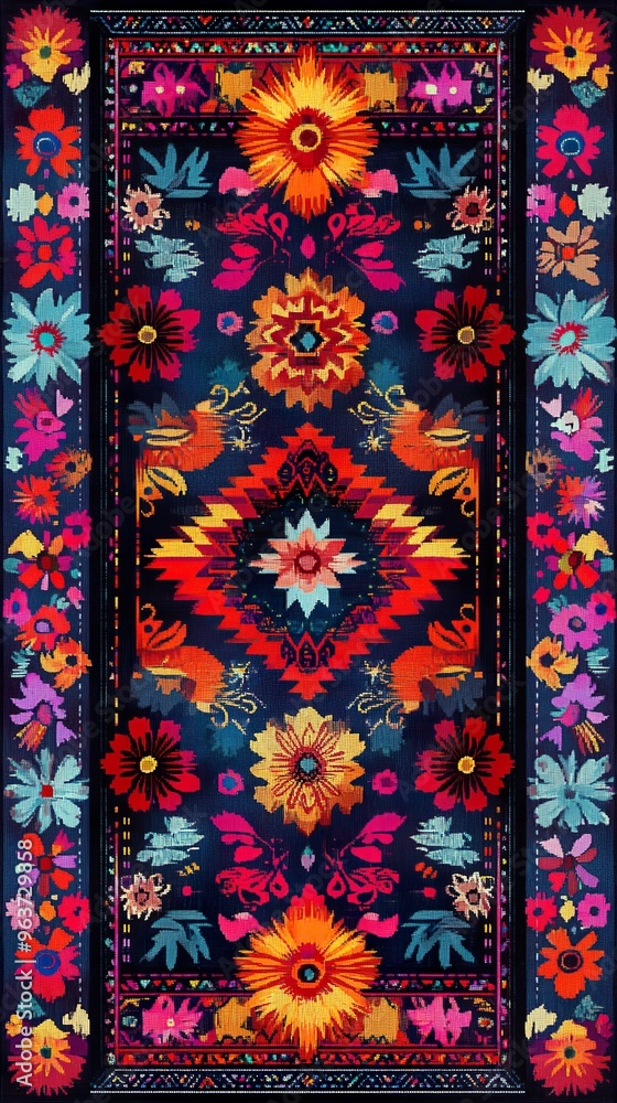 Intricate folk art floral motifs with vibrant geometric shapes and colors background Intricate folk art floral motifs with vibrant geometric shapes and colors background