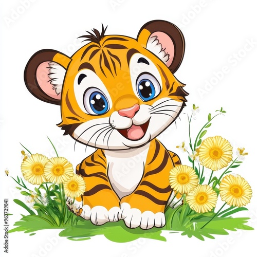 Cute Cartoon Tiger Cub with Flowers in Grass photo